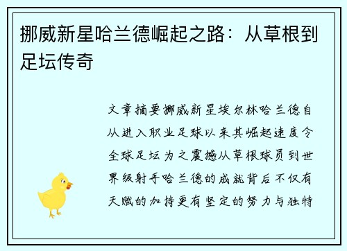 挪威新星哈兰德崛起之路：从草根到足坛传奇